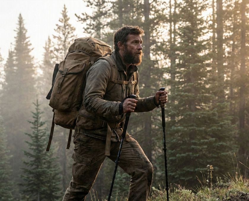 A fit man hiking outdoors representing rugged masculine health and peak physical performance.