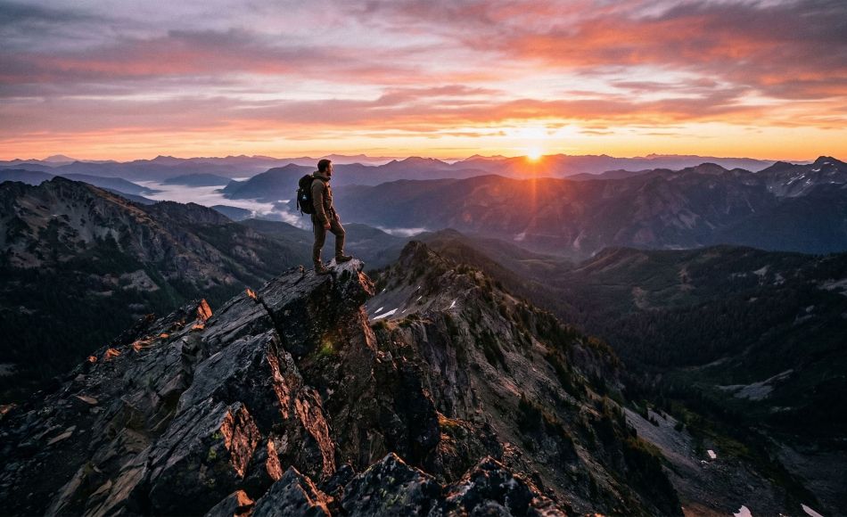 A man standing on a rocky mountain peak overlooking a vast valley at sunrise.