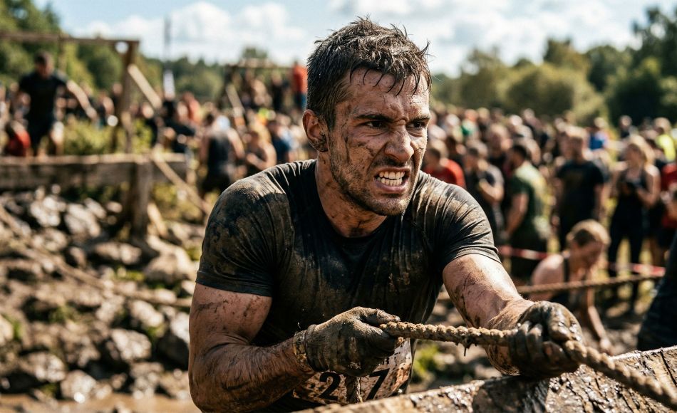 Man competing alone in a demanding physical challenge, embodying raw drive and earned achievement