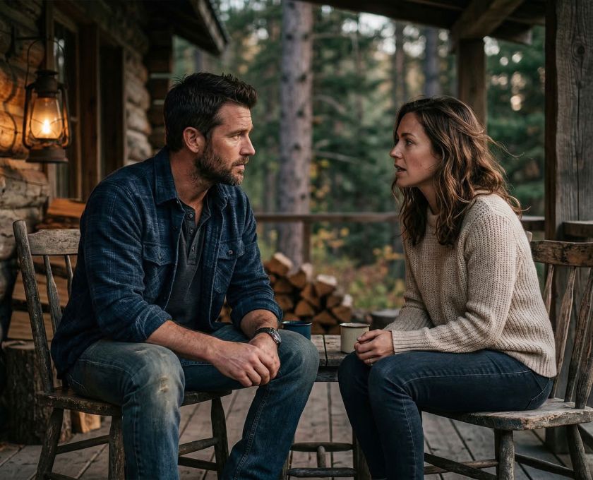 A confident man listening intently to a woman in a rustic outdoor setting.