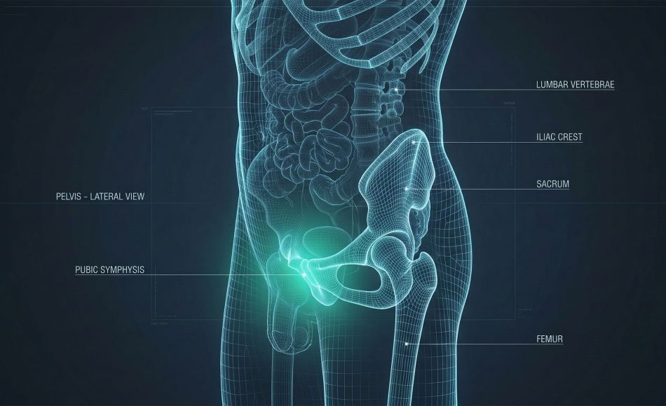 Medical illustration of a male pelvis highlighting the suprapubic area and pelvic alignment.
