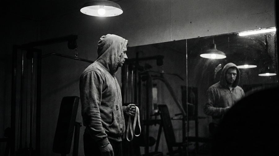 Ein Mann, der sein Spiegelbild betrachtet, symbolisiert den Druck männlicher Körperstatistiken.