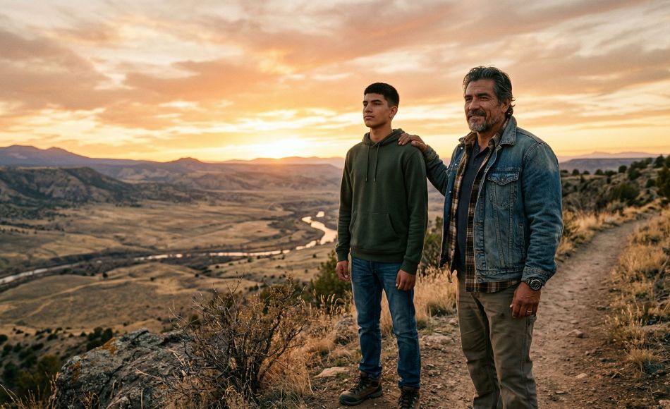 Un padre y su hijo de pie juntos en la hora dorada, representando fuerza masculina, paternidad y legado familiar