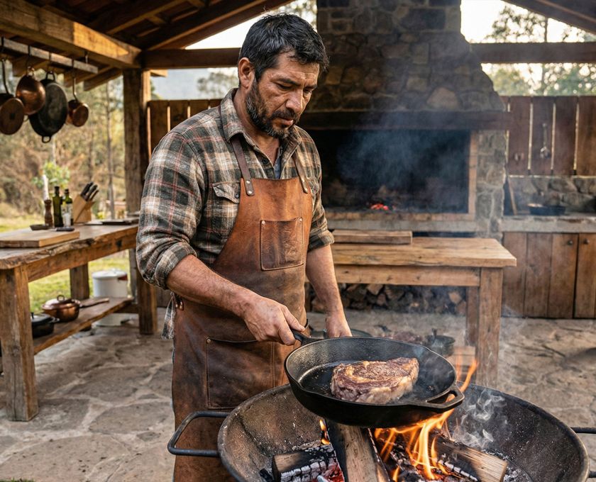 Un hombre preparando comida rica en proteínas para el rendimiento en un entorno rústico.