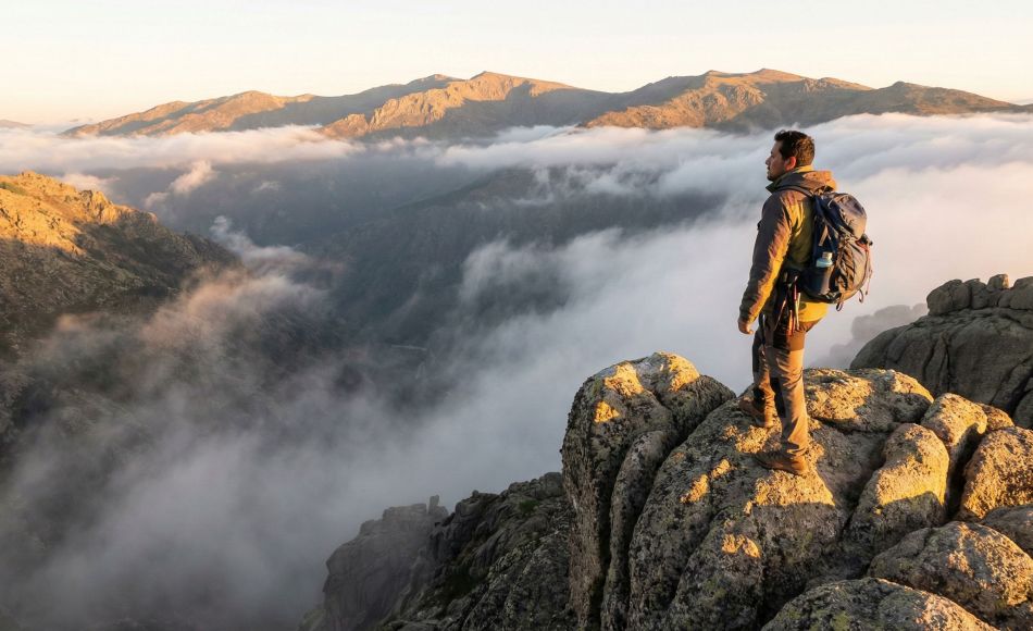 Un hombre contempla un paisaje montañoso y agreste durante una expedición en solitario.