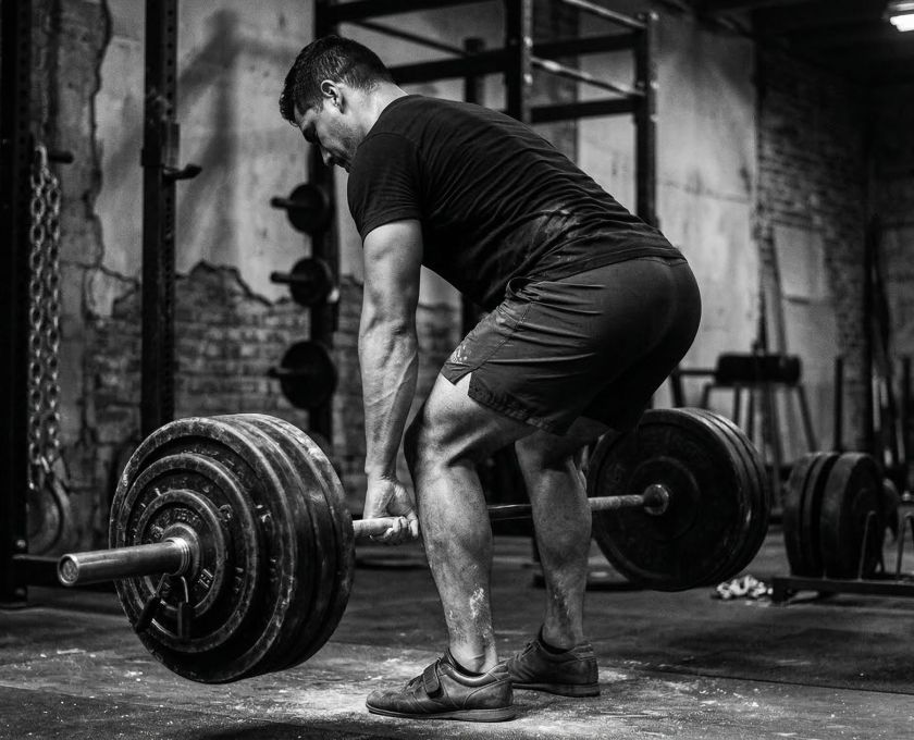 Hombre realizando un levantamiento de peso muerto con barra pesada con soporte corporal completo, lo que representa la activación del suelo pélvico y la estabilidad del tronco en atletas masculinos.