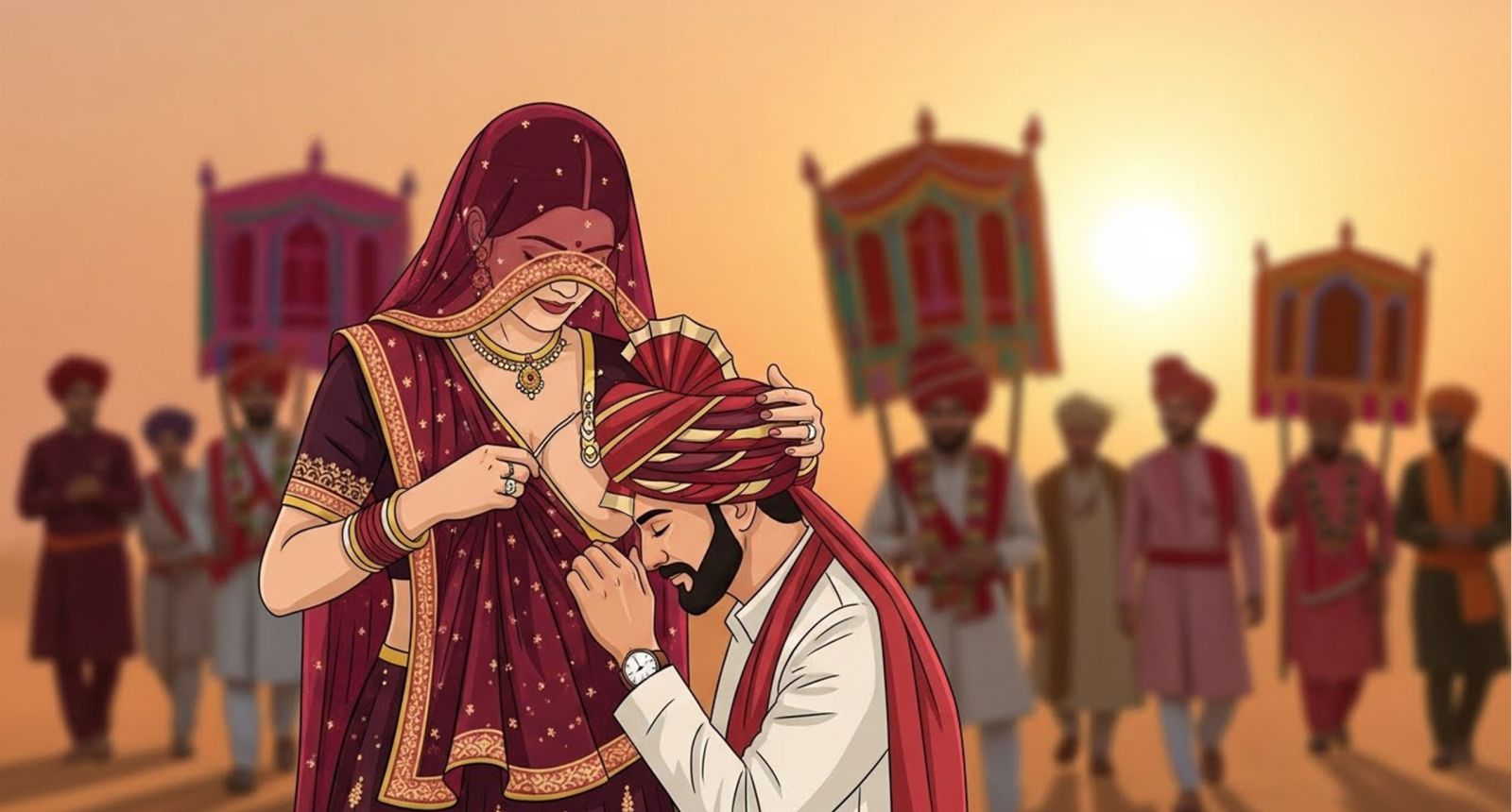 Ilustración del ritual Ma ka Doodh Pilana en la baraat de boda de Rajastán