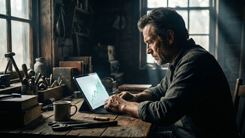 Un homme analysant de manière critique les tendances de données sur une tablette numérique dans un bureau.