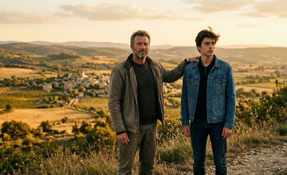 Un père et son fils debout ensemble à l'heure dorée, symbolisant la force masculine, la paternité et l'héritage familial
