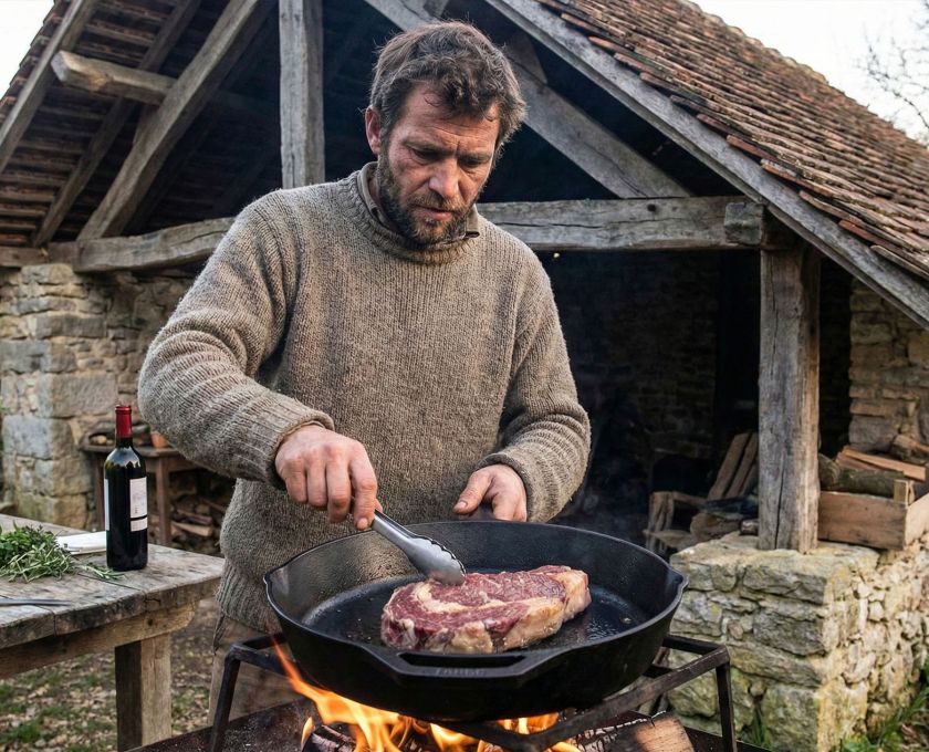 Un homme préparant un repas riche en protéines pour la performance dans un cadre rustique.