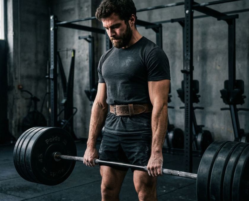Un homme effectue un soulevé de terre avec une barre lourde et un gainage intégral, illustrant l'engagement du plancher pelvien et la stabilité du tronc chez les athlètes masculins.