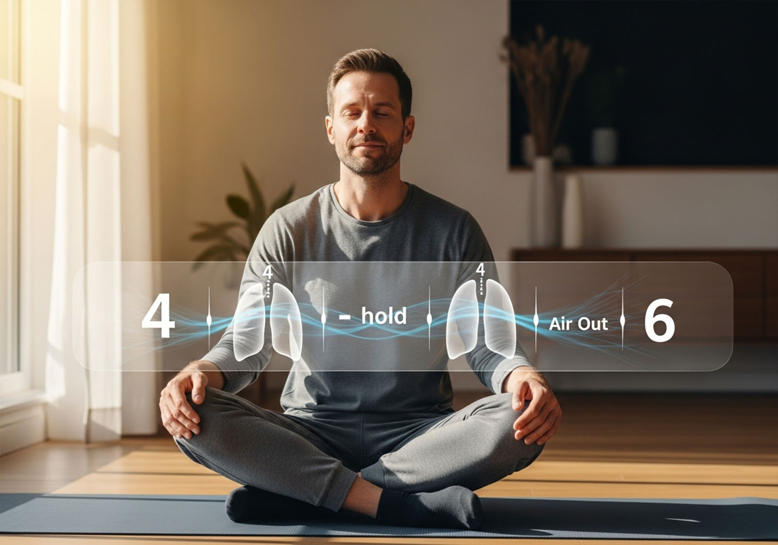 Atemrhythmus 4-ein, kurze Pause, 6-aus