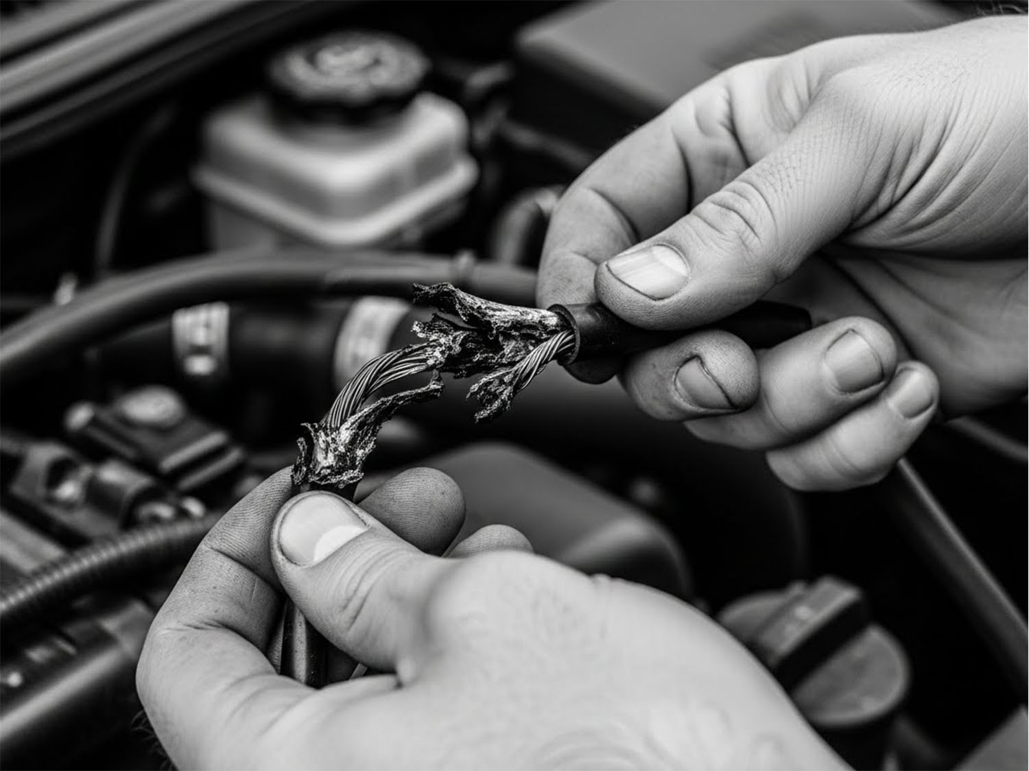 A black-and-white photo of a man’s hands holding a wire that has burned in the car engine compartment.