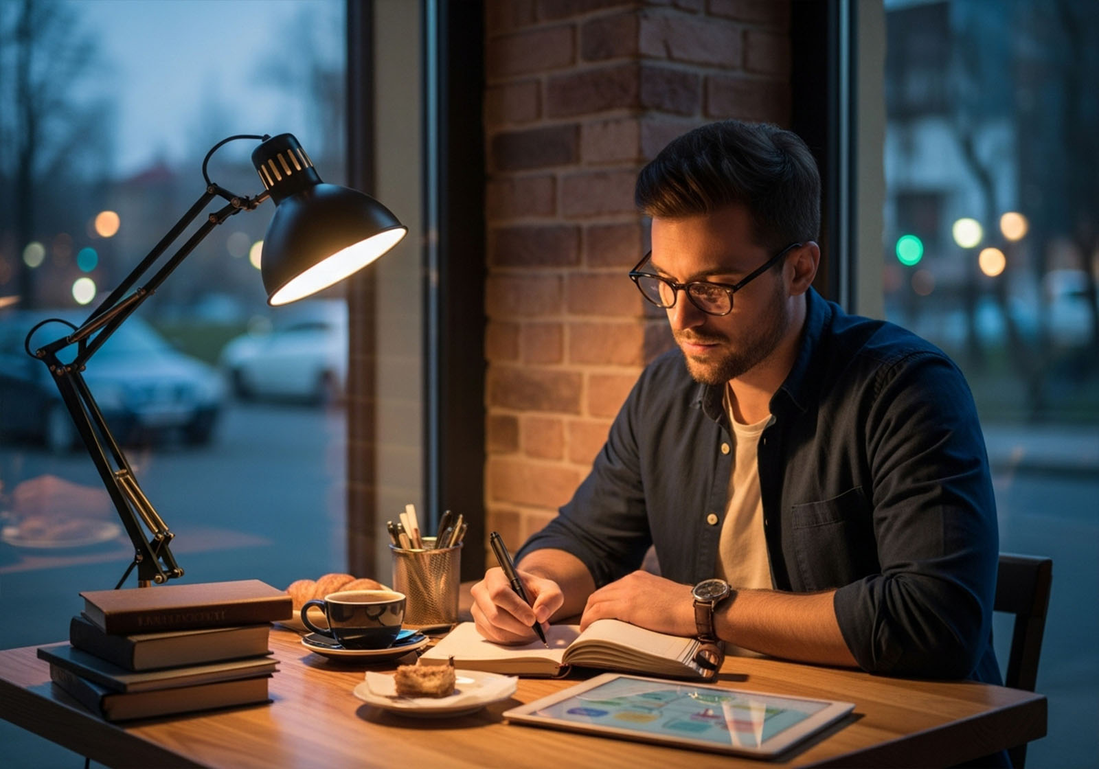 Man journaling at a café, planning identity off-ramps beyond work