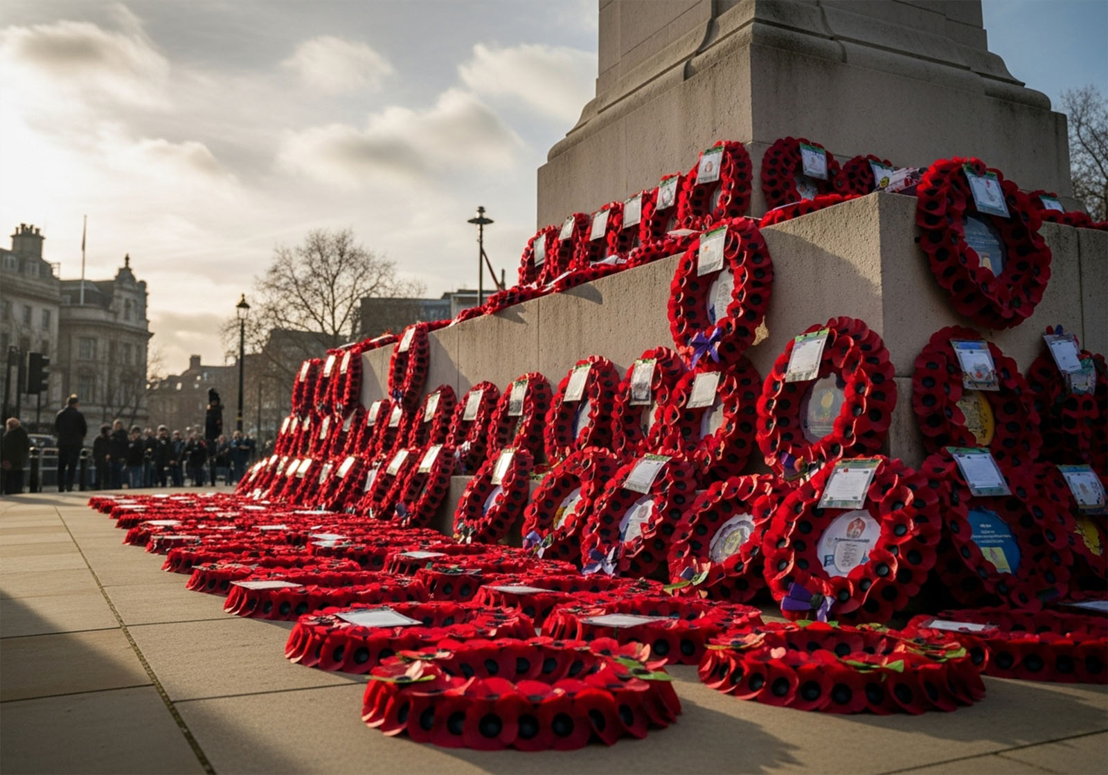Wreaths at a cenotaph during the two-minute silence