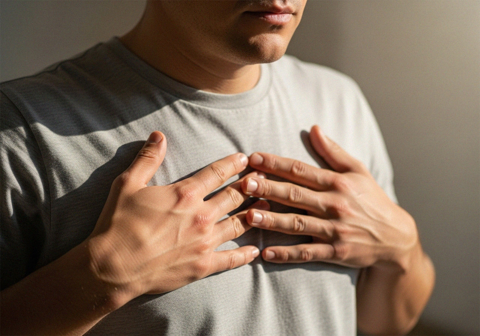Gros plan des mains d’un homme sur sa poitrine et son abdomen pendant une respiration consciente