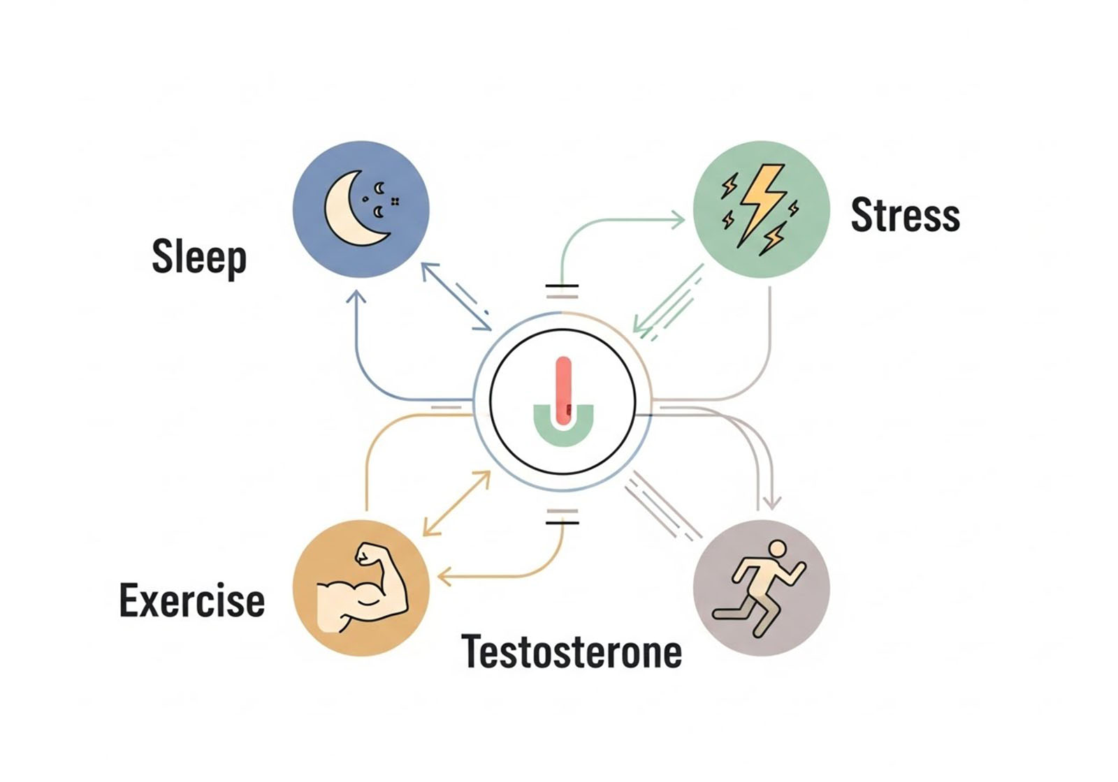 Diagramic showing the relationship between sleep, stress, exercise, and testosterone.