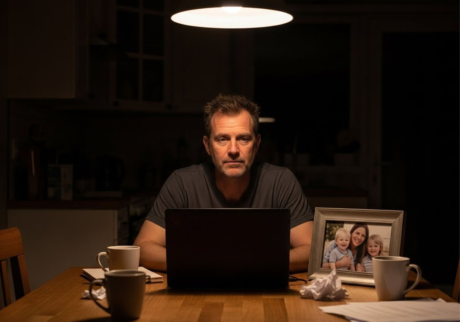 Man sitting at a kitchen table at night, work laptop closed, family photo nearby, low warm lighting.