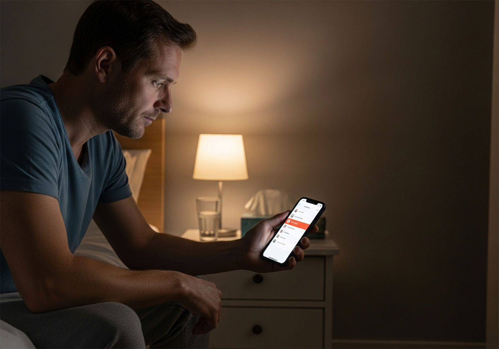Man sitting on a bed looking at his phone, considering a check-up for genital health
