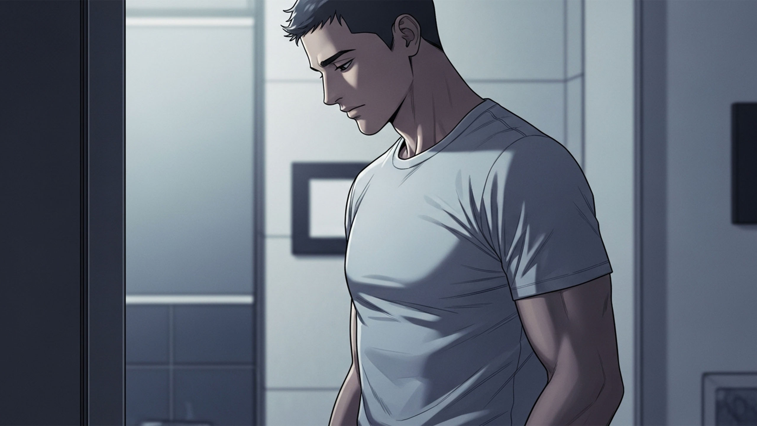 Man in a bathroom quietly checking his genital health with a thoughtful, neutral expression