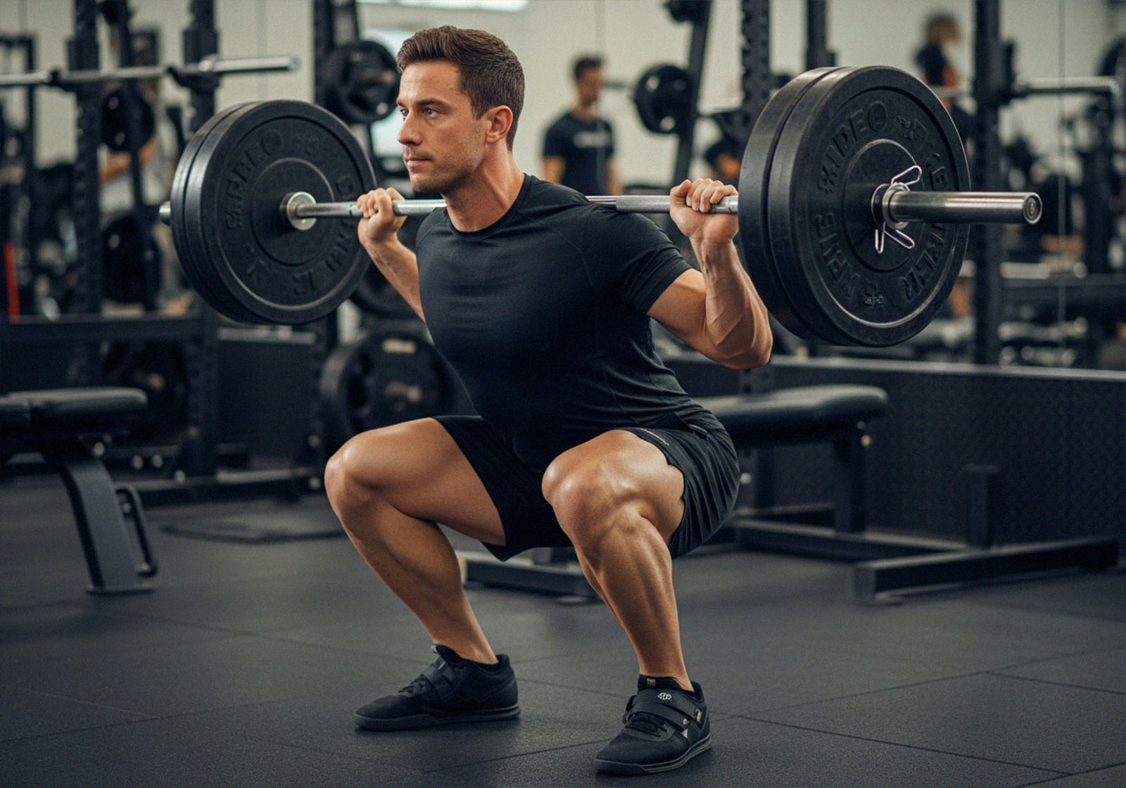 Homme effectuant un squat arrière profond avec barre et forme correcte en salle de sport
