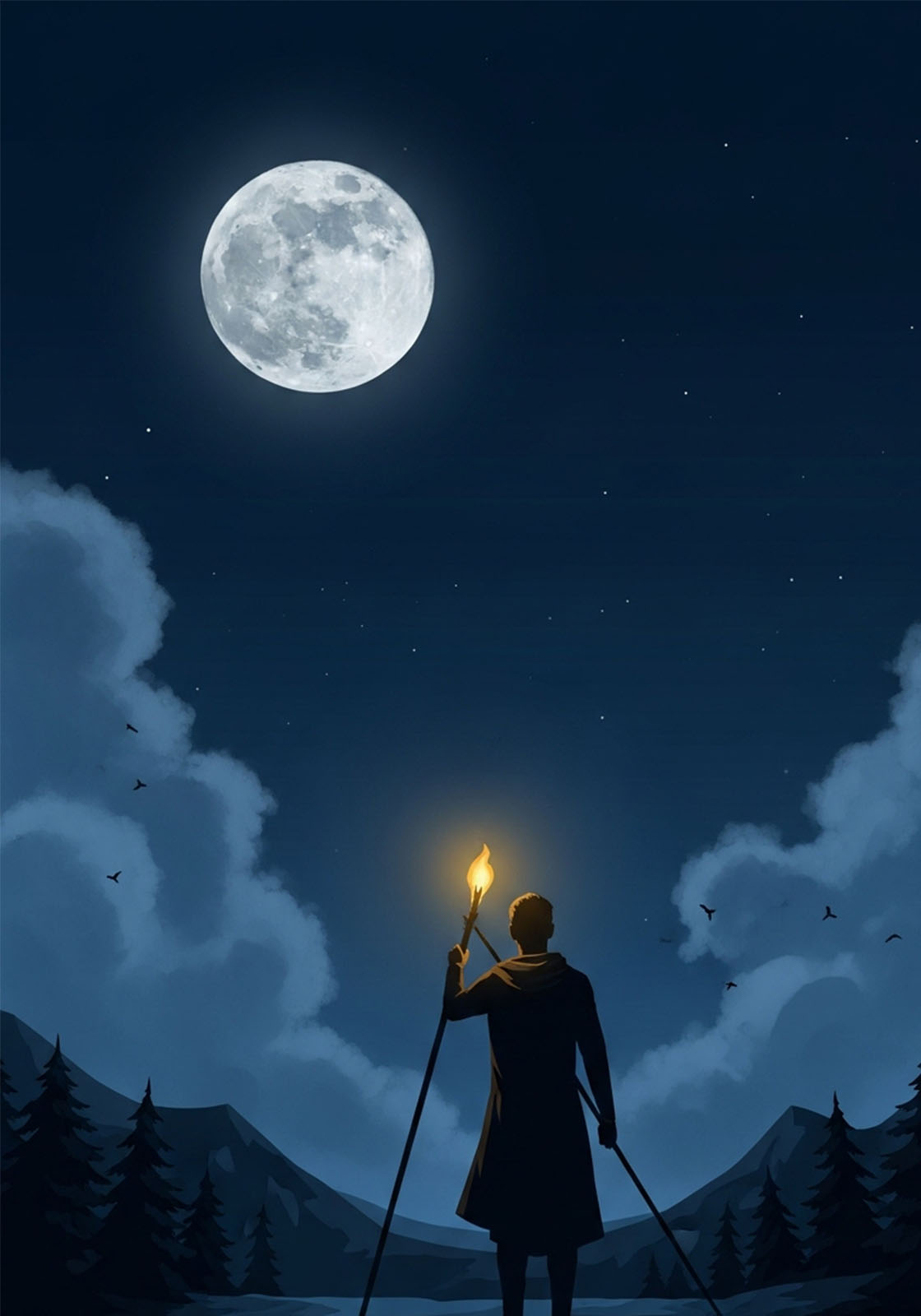 Silhouette éclairée par la lune évoquant transformation et instinct.