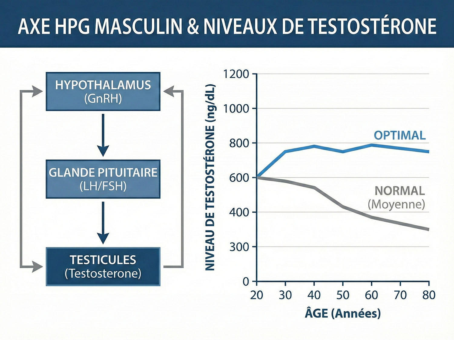 Graphique des plages de testostérone « Optimal vs. Normal ».