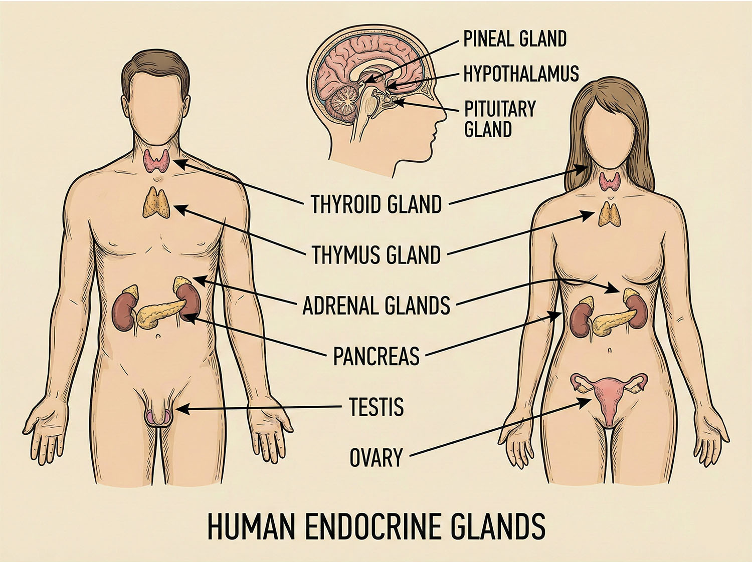 Human endocrine glands male and female.