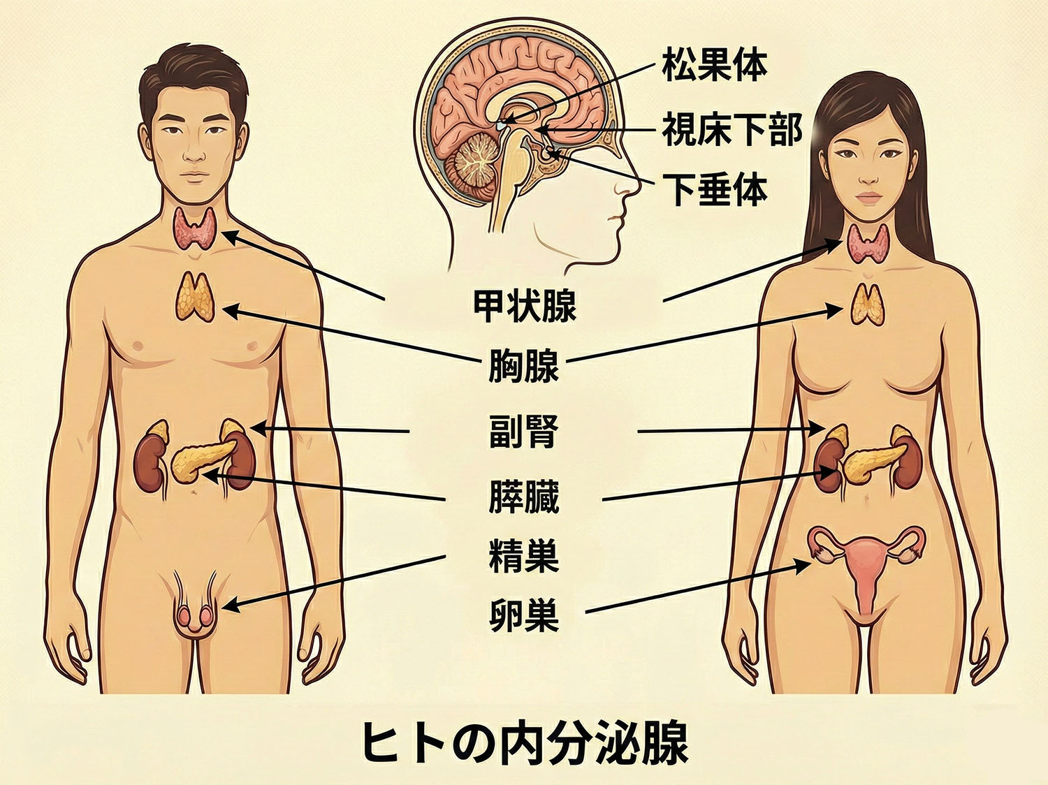 人間の内分泌腺（男性と女性）。
