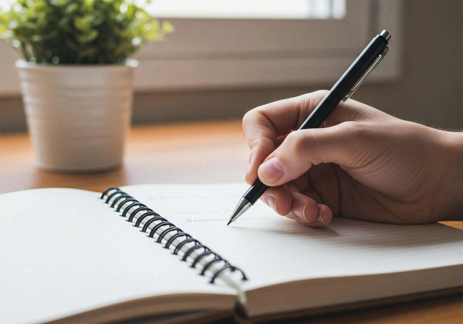 Hand writing notes in notebook for personal reflection