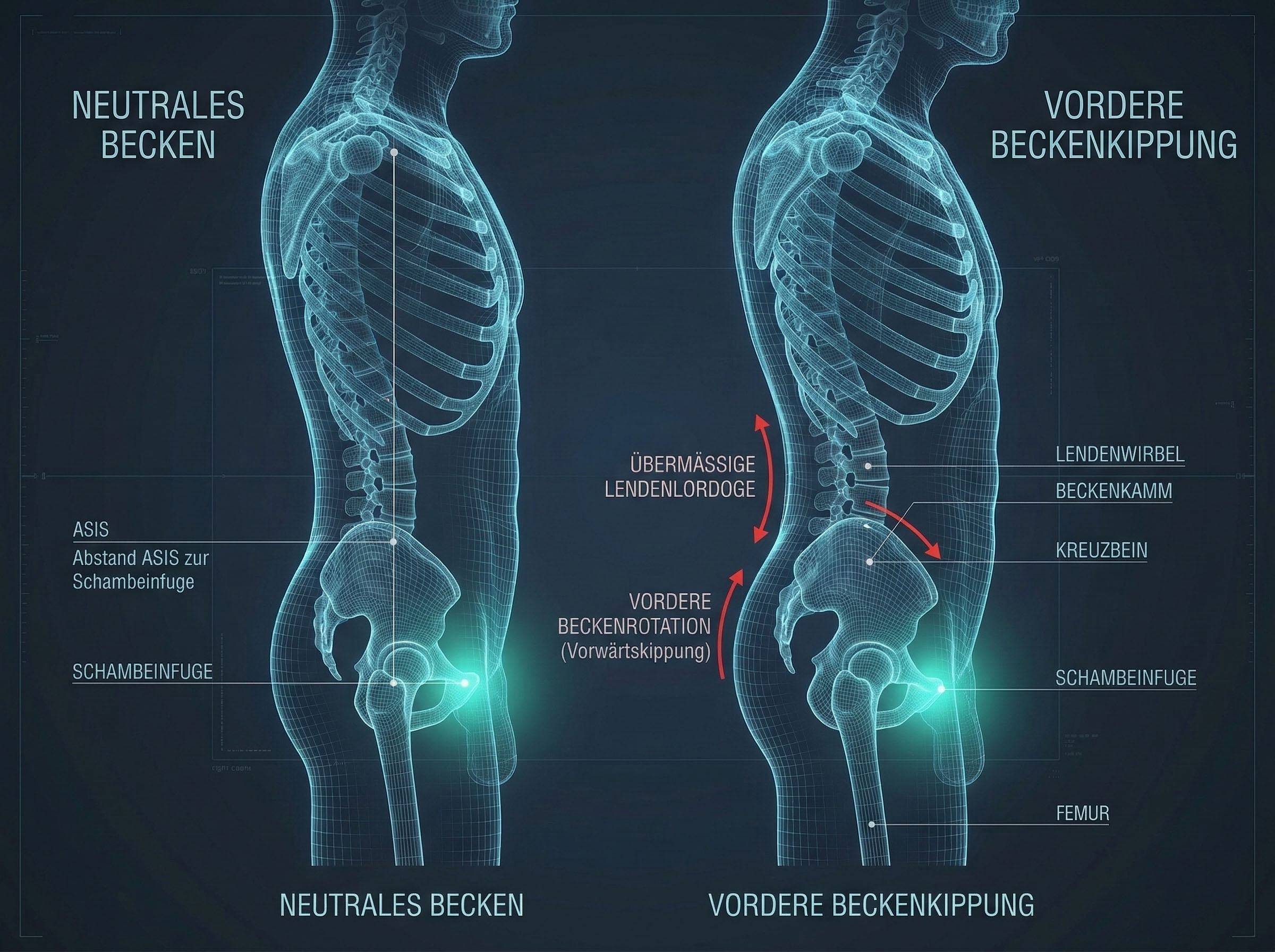 Diagramm zeigt die skelettale Ausrichtung eines neutralen Beckens gegenüber einer Beckenkippung nach vorne