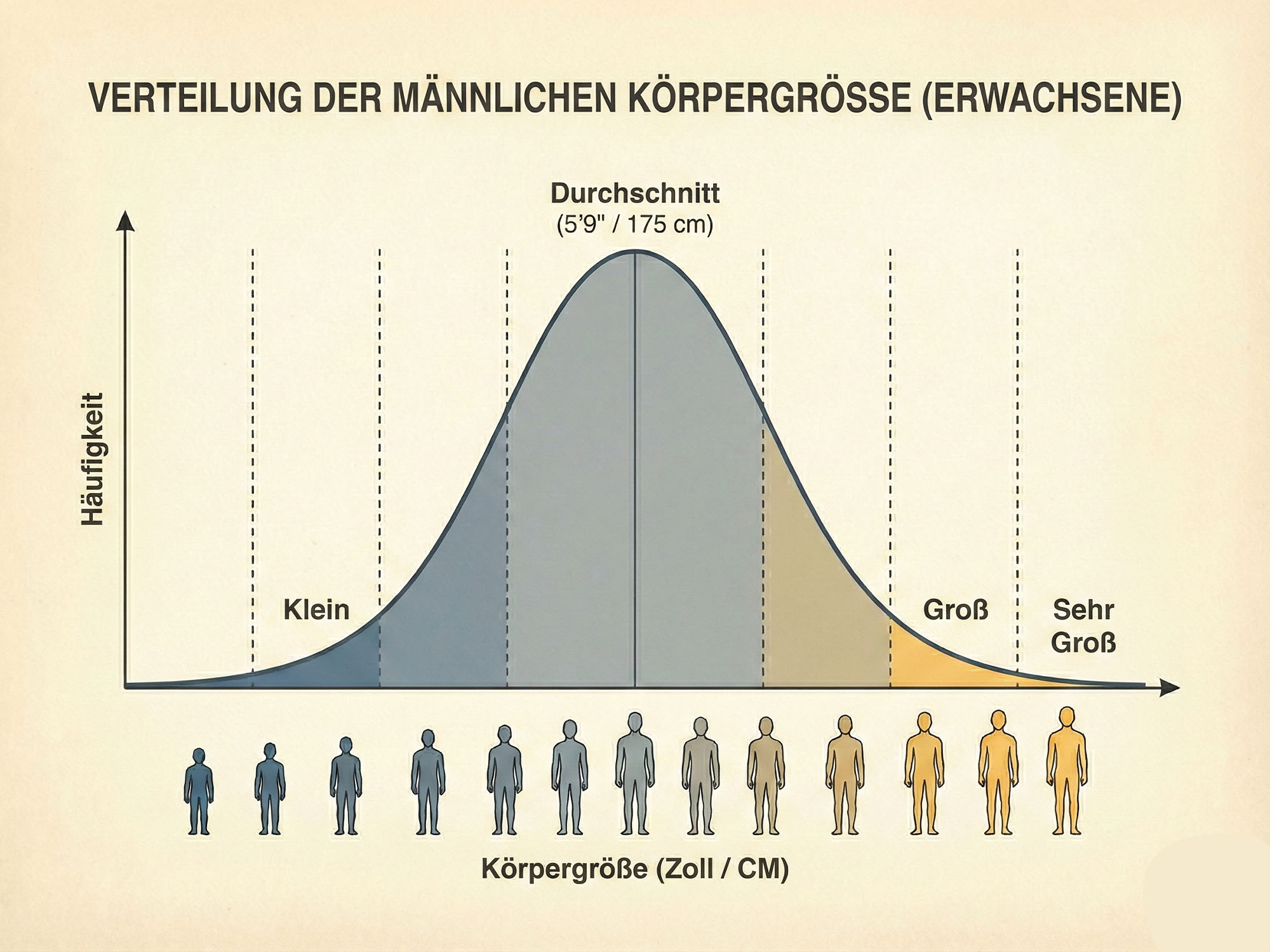 Eine Glockenkurvengrafik der Körpergrößenverteilung bei Männern.