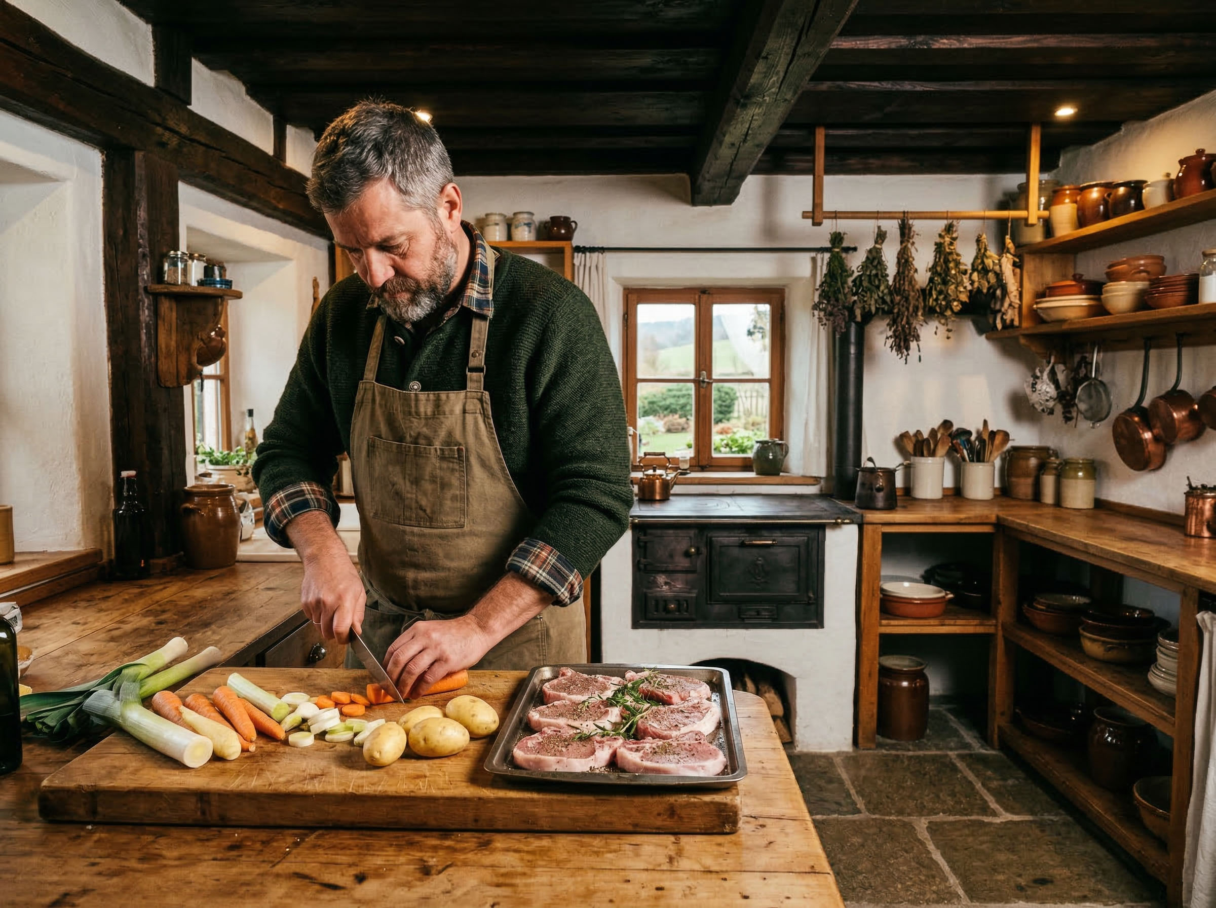 Mann bereitet Essen zu (Gemüse schneiden oder Fleisch würzen), rustikale Küche.