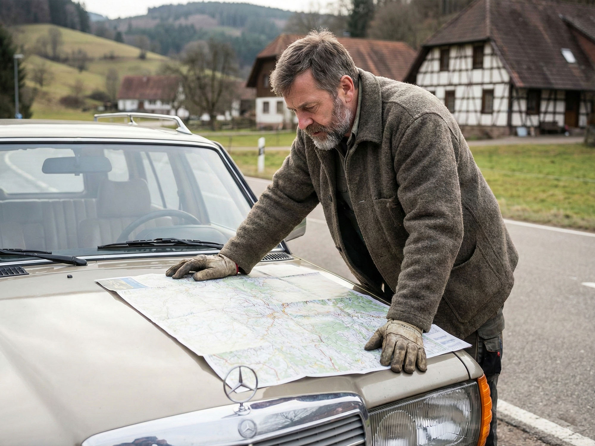 Ein Mann, der einer traditionellen Versorgertätigkeit nachgeht, wie zum Beispiel dem Lesen einer Karte.