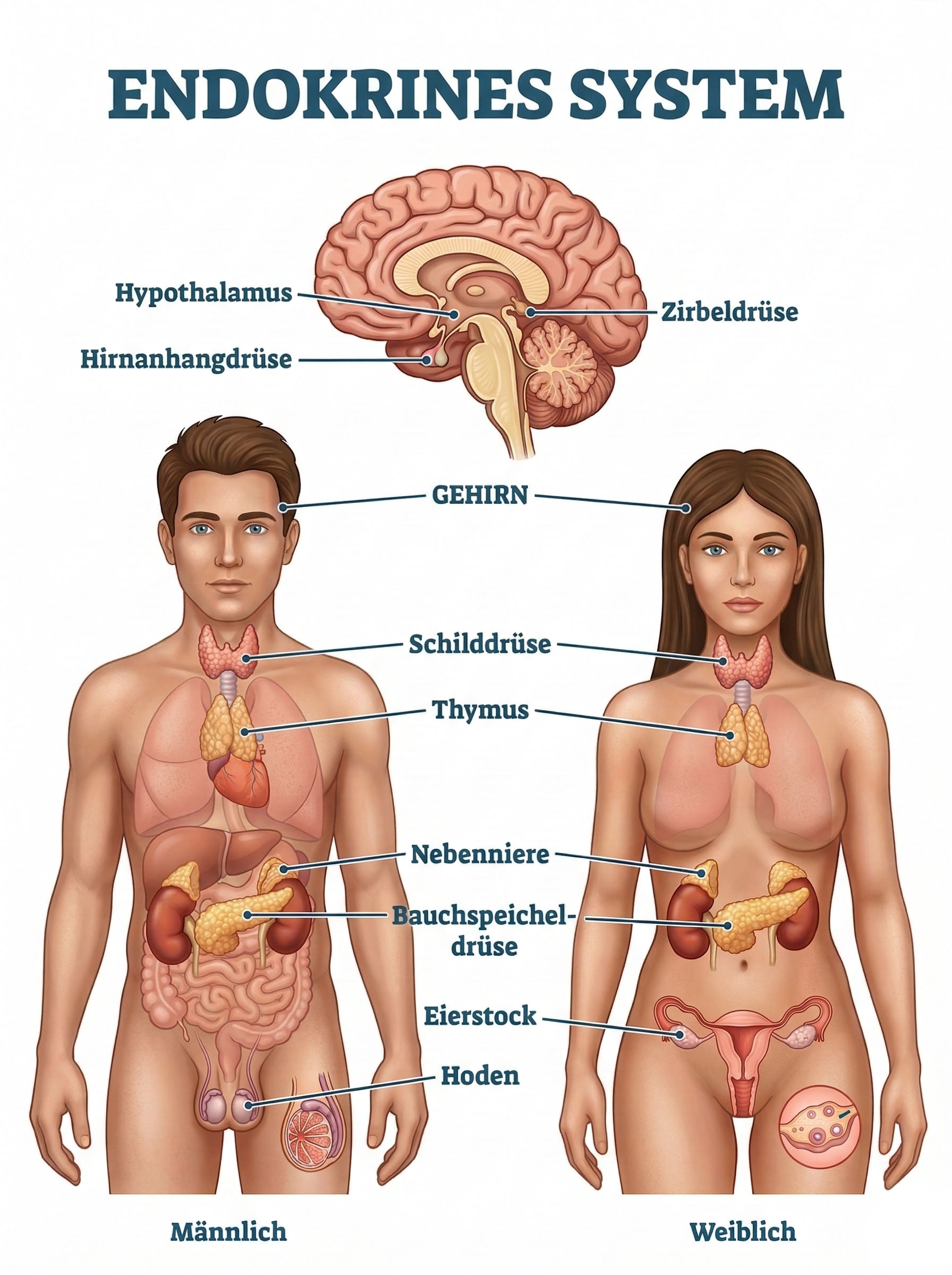 Das menschliche endokrine System bei Mann und Frau.