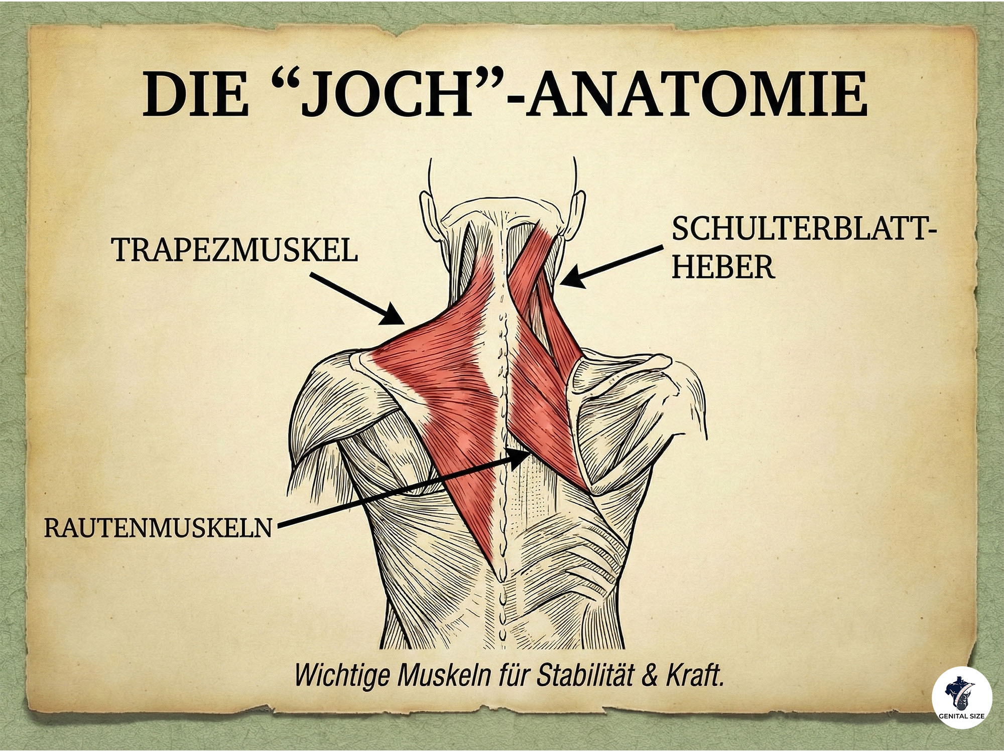 Diagramm der Trapezmuskeln, Rückenstrecker und Gesäßmuskeln – das „Joch“ eines starken Mannes.
