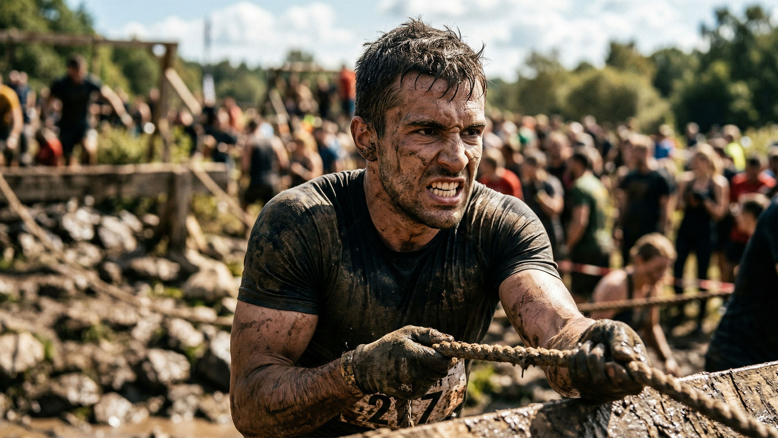Man competing alone in a demanding physical challenge, embodying raw drive and earned achievement