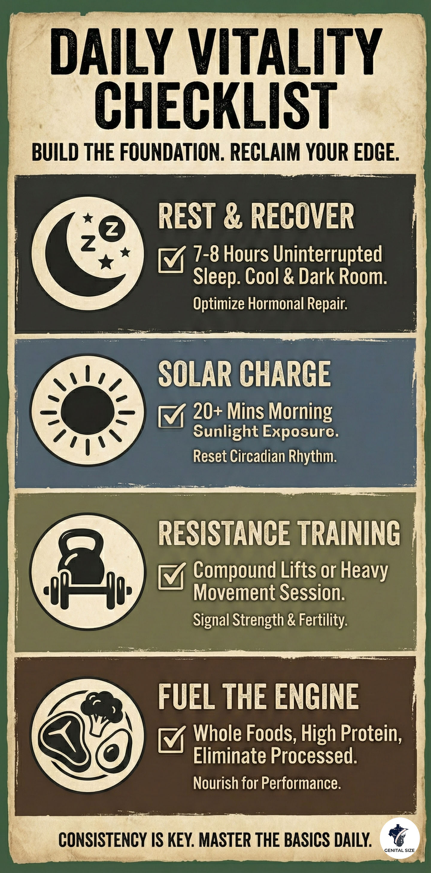 A vertical infographic titled "Daily Vitality Checklist" outlining four key pillars for optimal male health: Rest & Recover (7-8 hours sleep), Solar Charge (morning sunlight), Resistance Training (compound lifts), and Fuel the Engine (whole foods high protein diet), presented in a rugged, textured style.