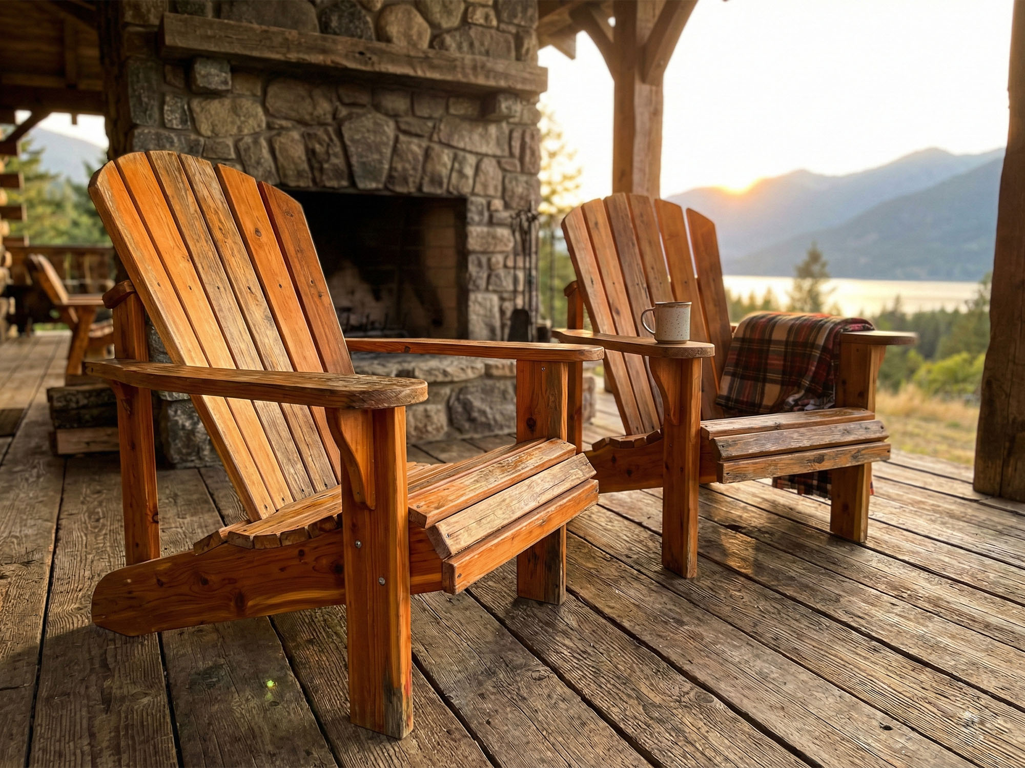 A pair of handcrafted cedar Adirondack chairs sitting on a rugged wooden porch at sunset.