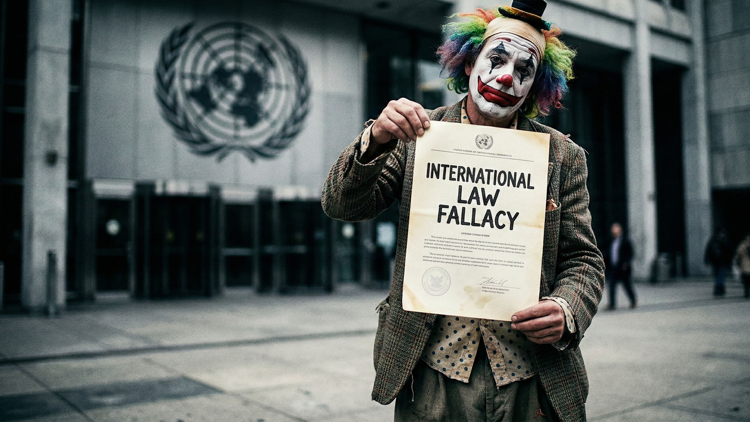 A symbolic representation of military strength versus international bureaucratic symbols.