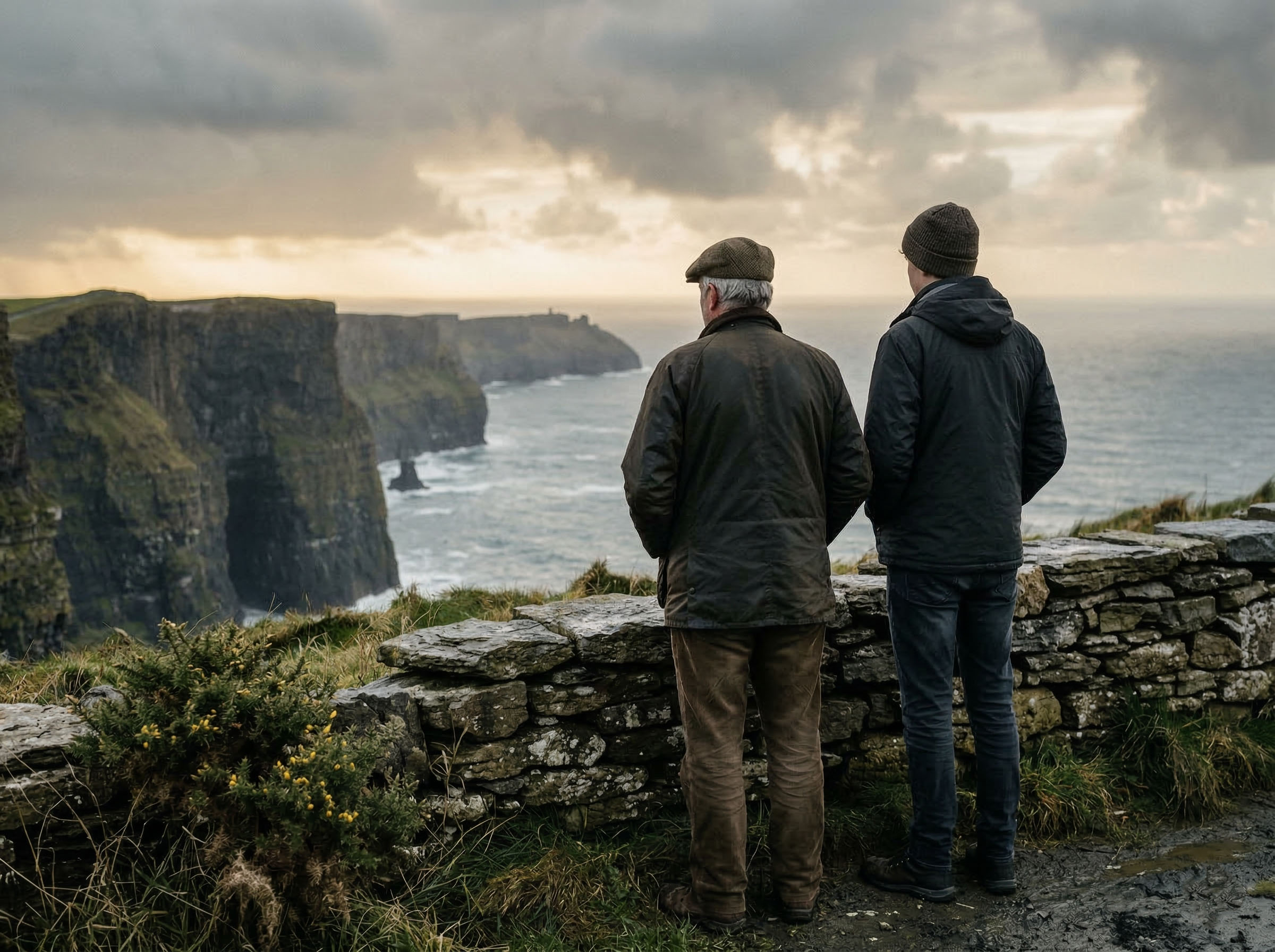 A father and son standing together at the Irish coastline, representing the generational transmission of Irish cultural identity and heritage