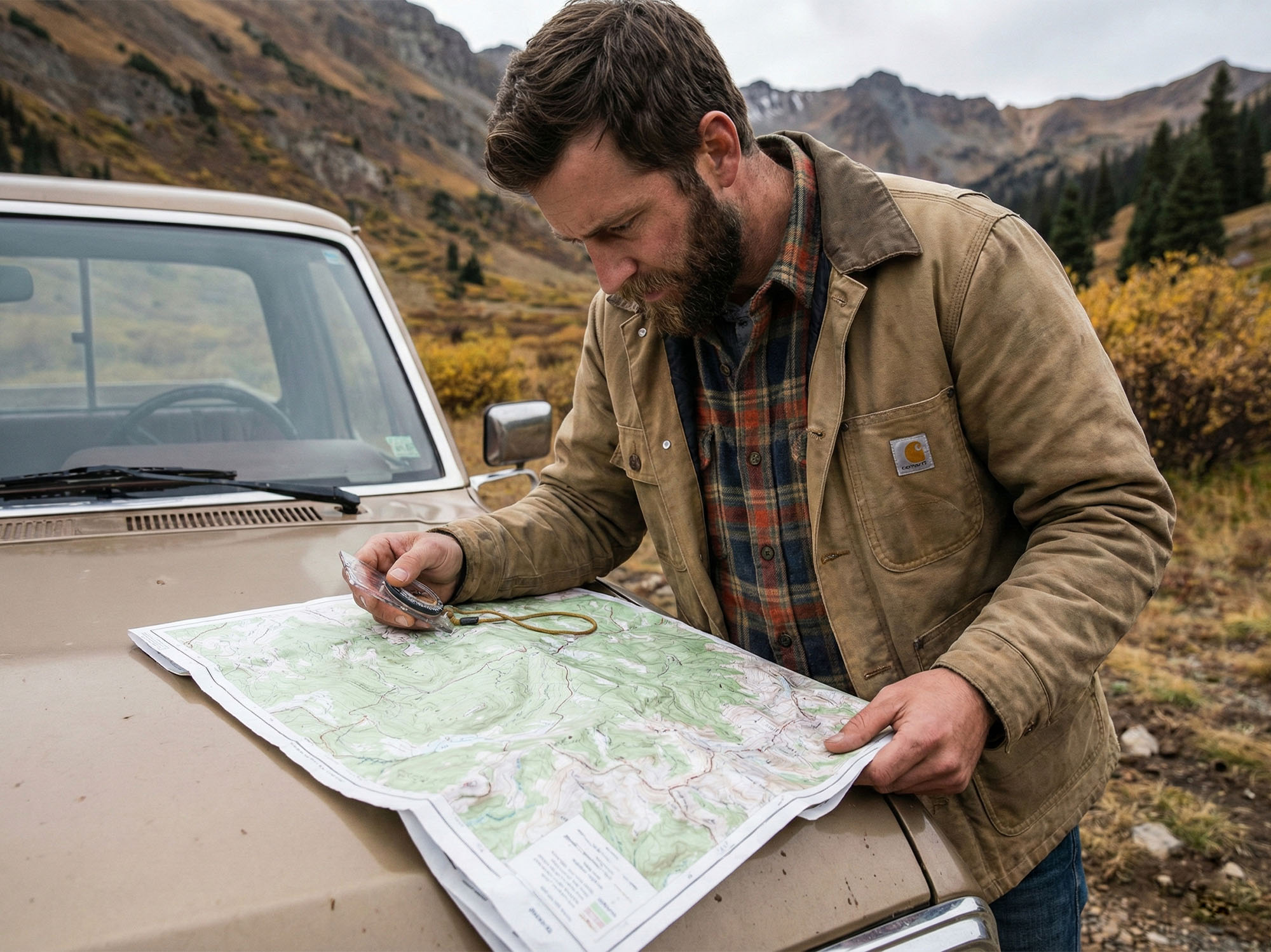 A man engaged in a traditional provider task such as checking a map.