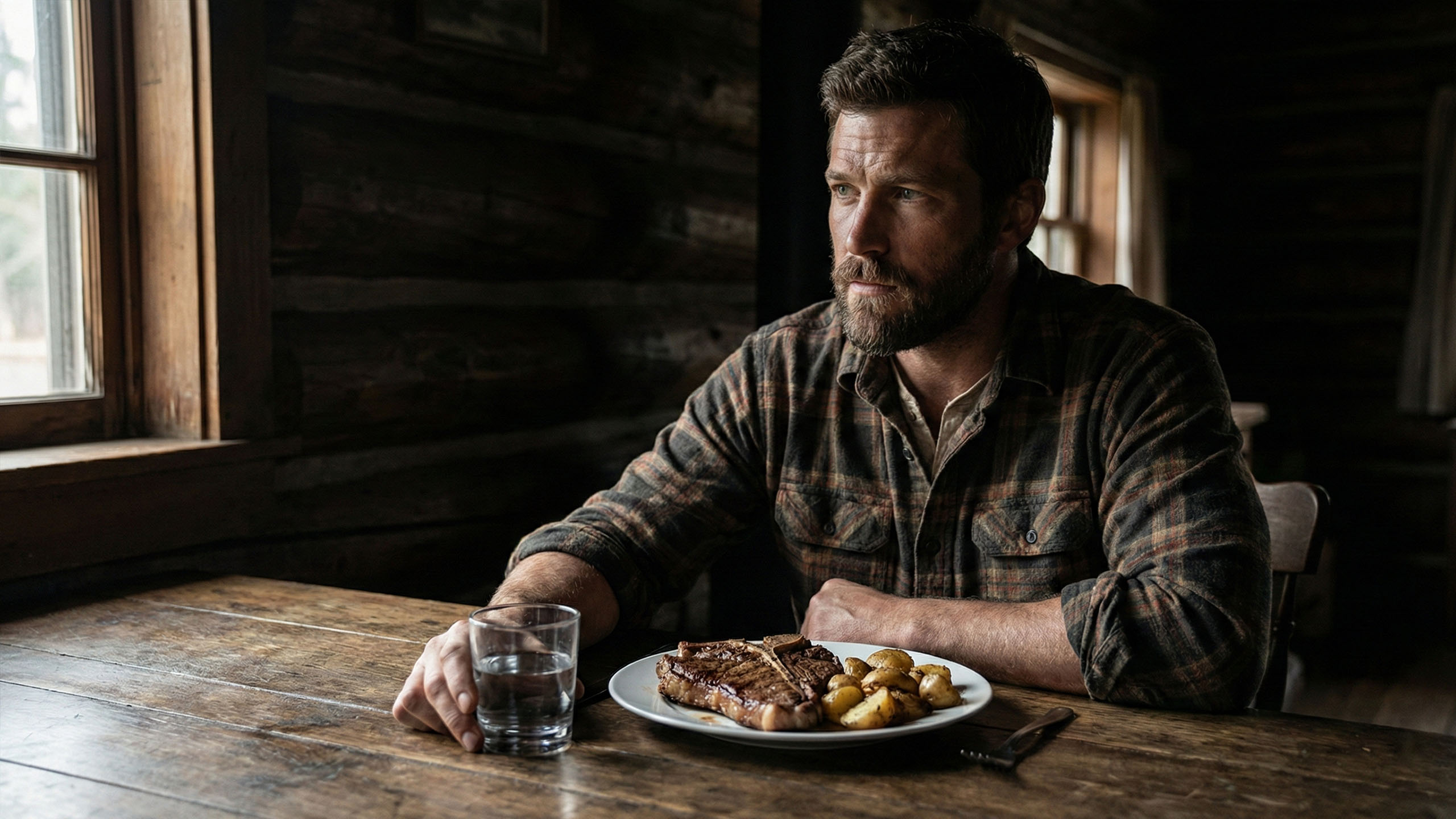 A rugged man sitting at a wooden table enjoying a hearty, traditional meal.