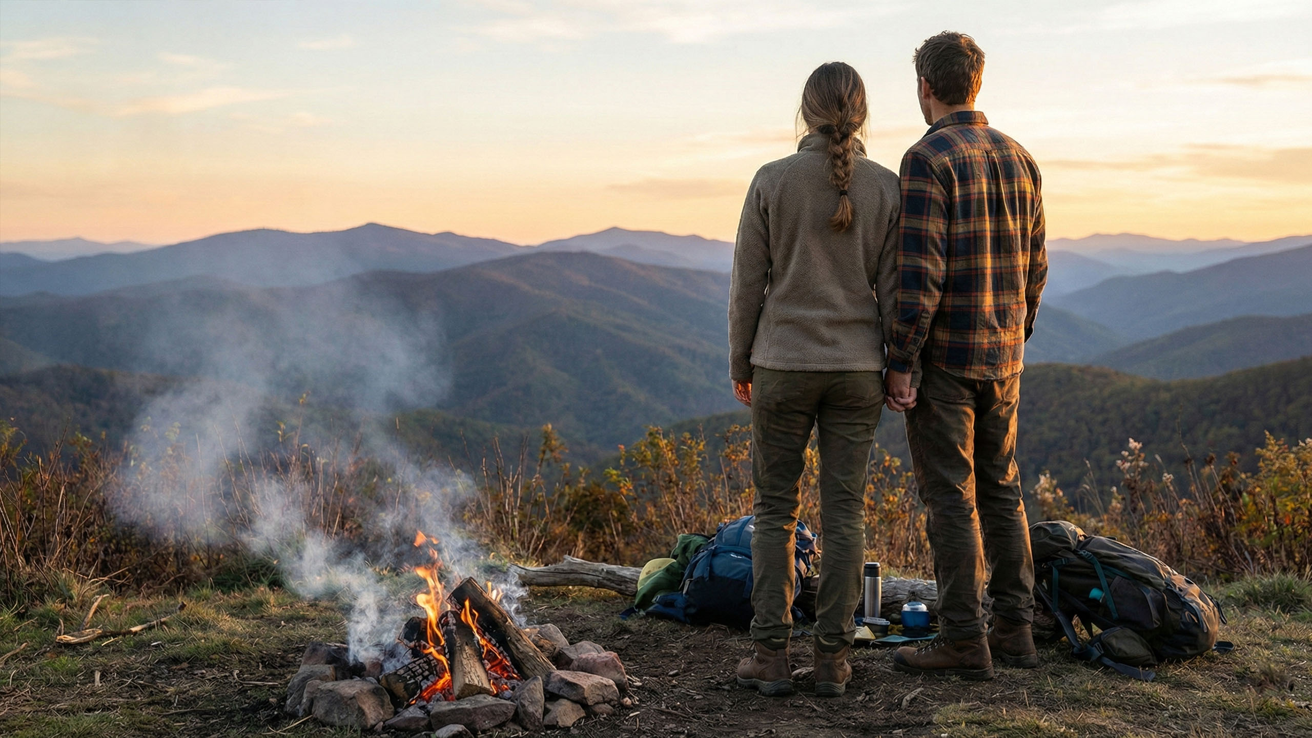 A traditional couple standing together in a rugged outdoor setting.