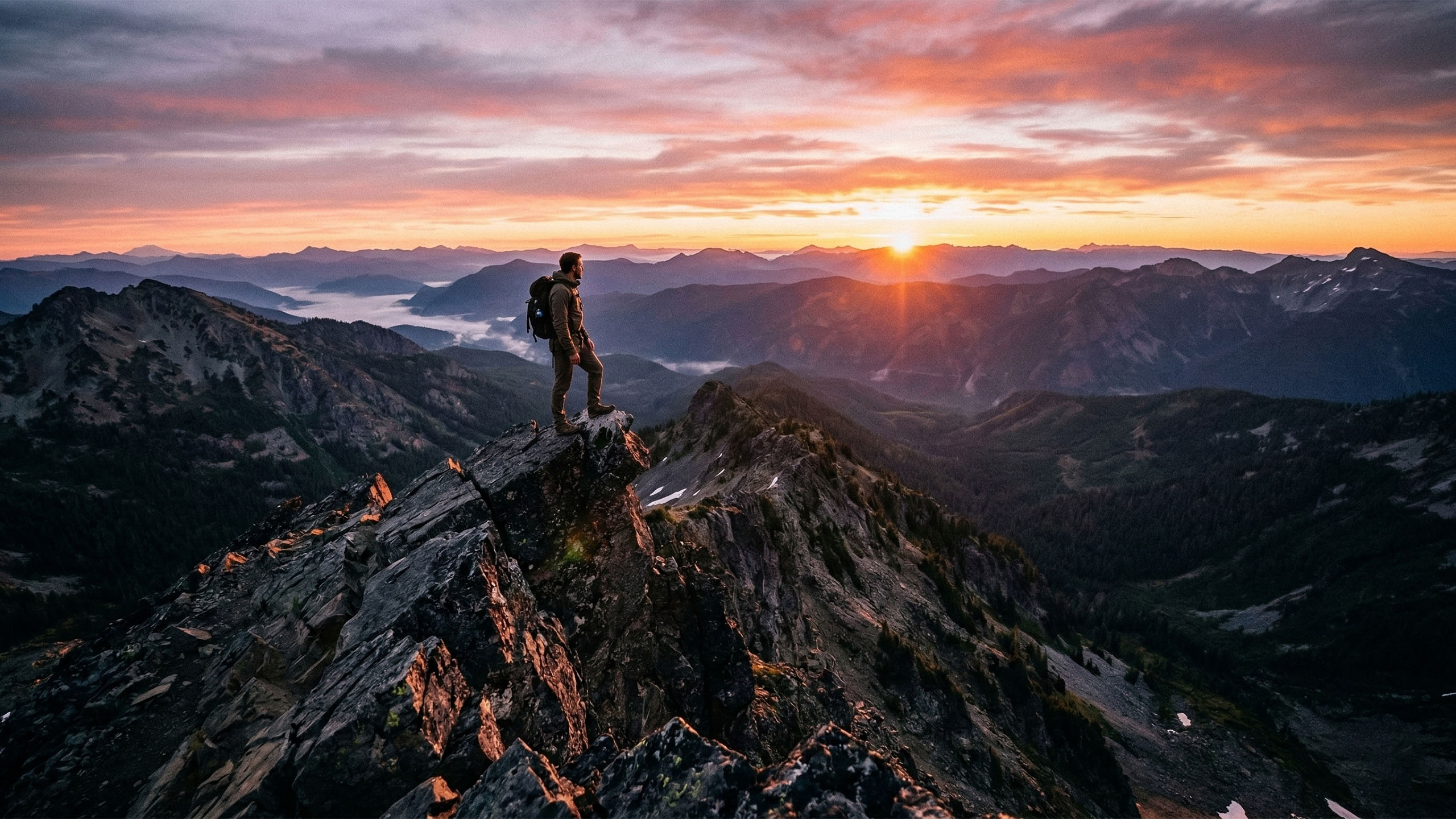 A man standing on a rocky mountain peak overlooking a vast valley at sunrise.