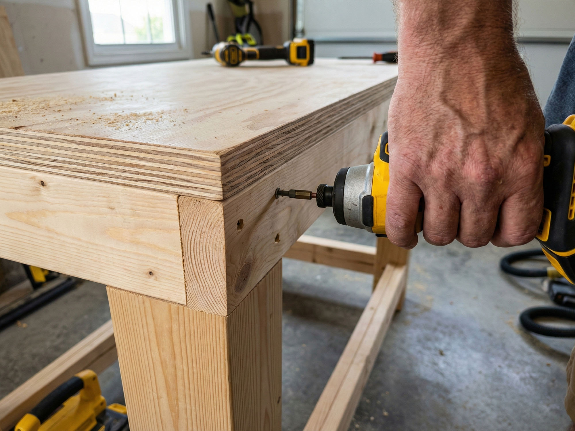 Close-up of a man's hand using a yellow impact driver to drive a screw into a double-layered plywood workbench top and frame.