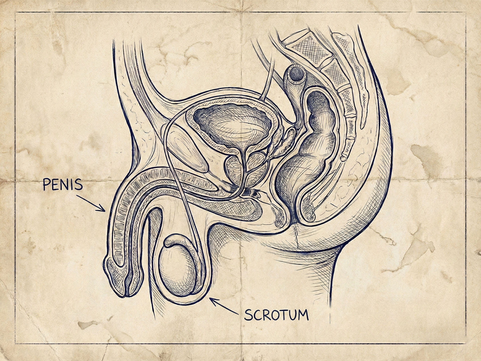 A stylized, vintage technical blueprint illustration of human male reproductive anatomy, presented on aged, textured drafting paper.
