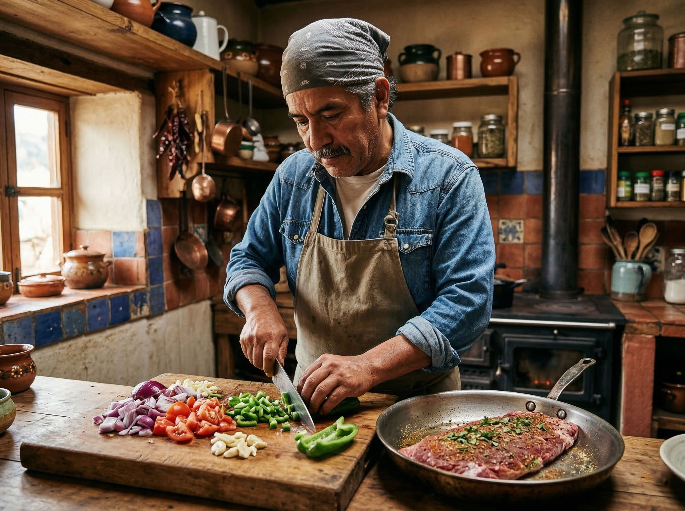 Hombre preparando comida (picando verduras o sazonando carne), cocina rústica.