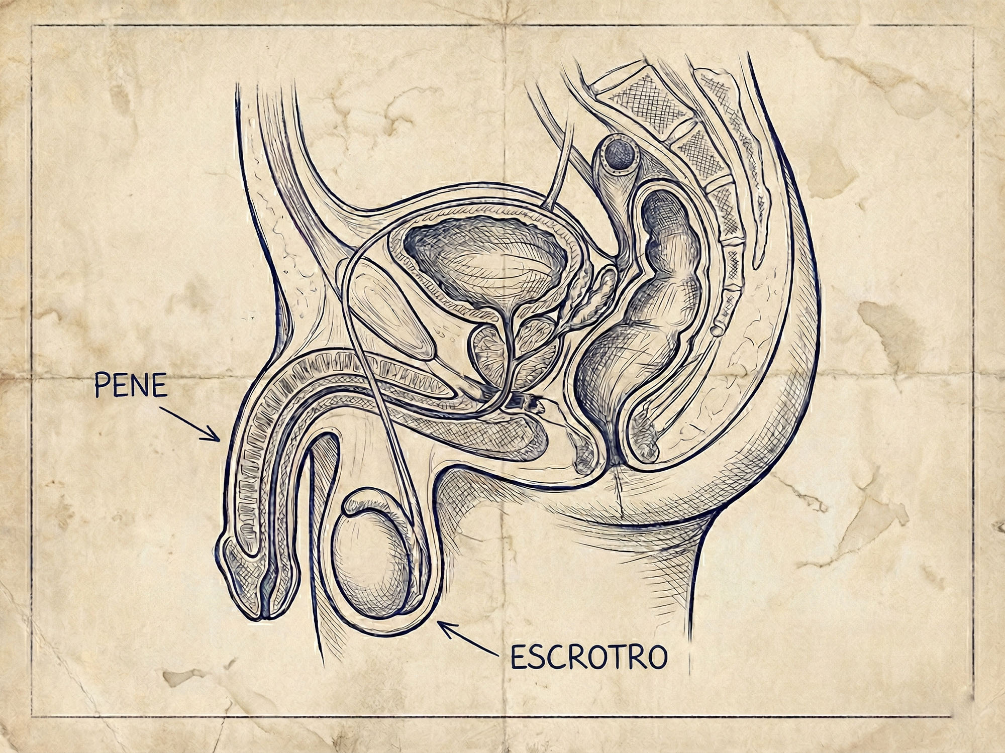 Una ilustración técnica estilizada de un plano vintage de la anatomía reproductiva masculina humana, presentada sobre papel de dibujo envejecido y texturizado.