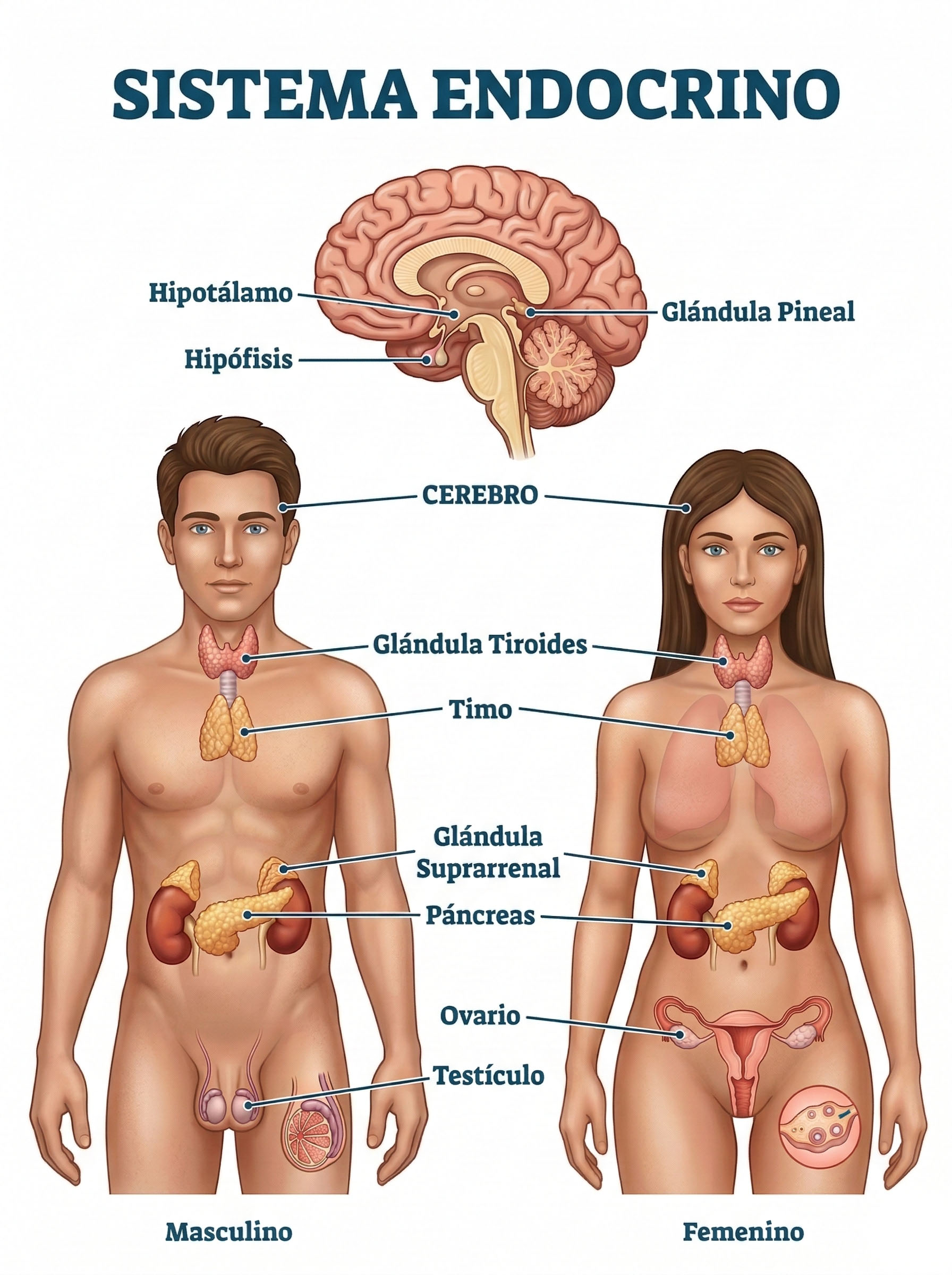 El sistema endocrino humano en hombres y mujeres.
